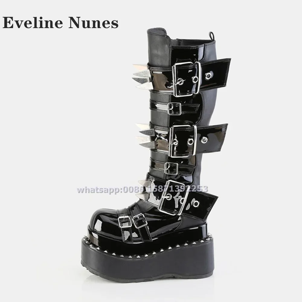 Punk Knee High Boots Heavy Work Gothic Style Belt Buckle Spike Rivet Platform Motorcycle Boots Round Toe Thick Sole Side Zipper