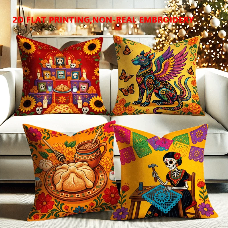 4pcs Set, 2D Flat Printing, Mexican Day of the Dead Style Sofa Pillowcases, Single-Sided Print, Polyester Material, Multiple