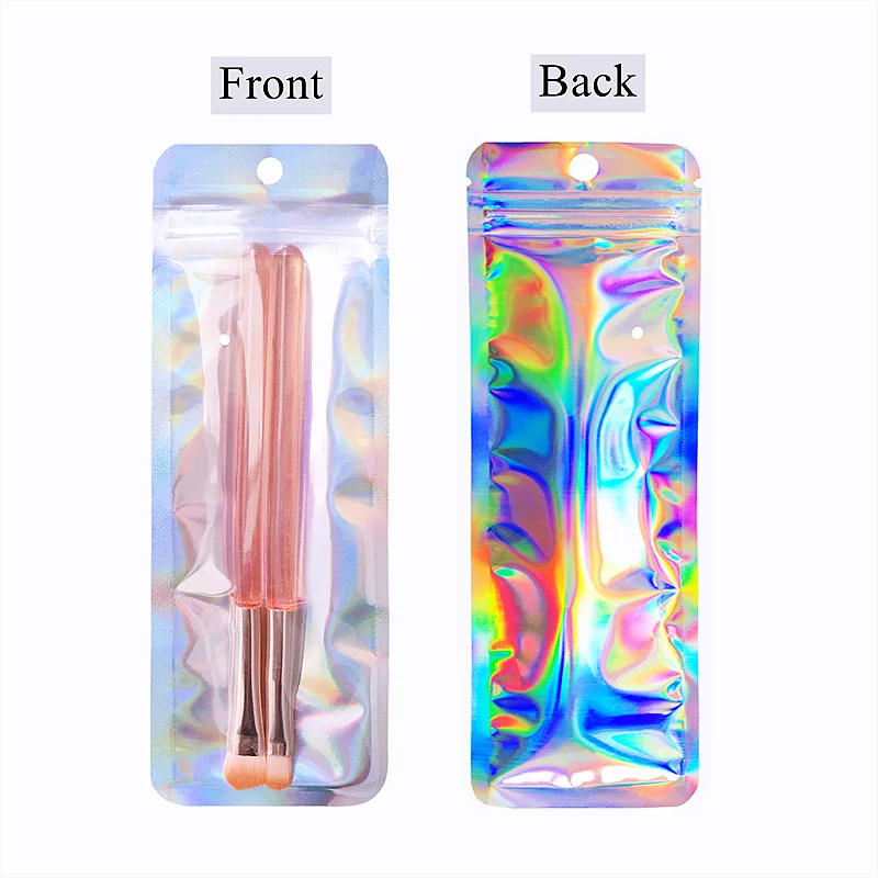 

20pcs Flat Clear Window Zipper lock Bag With Zipper Holographic Foil Pen Packaging Bags For Small Bussiness Storage Hang Pouches