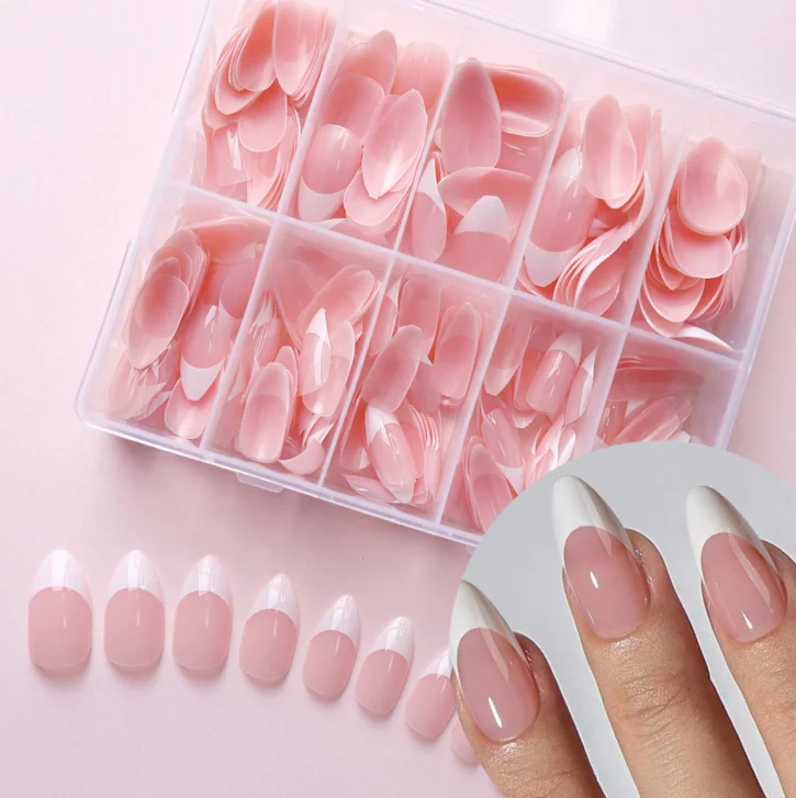 360Pcs/box Nude Pink French False Nail Tips Short Almond Press On Nails Glossy French White Tip Design Full Cover Fake Nails #^*