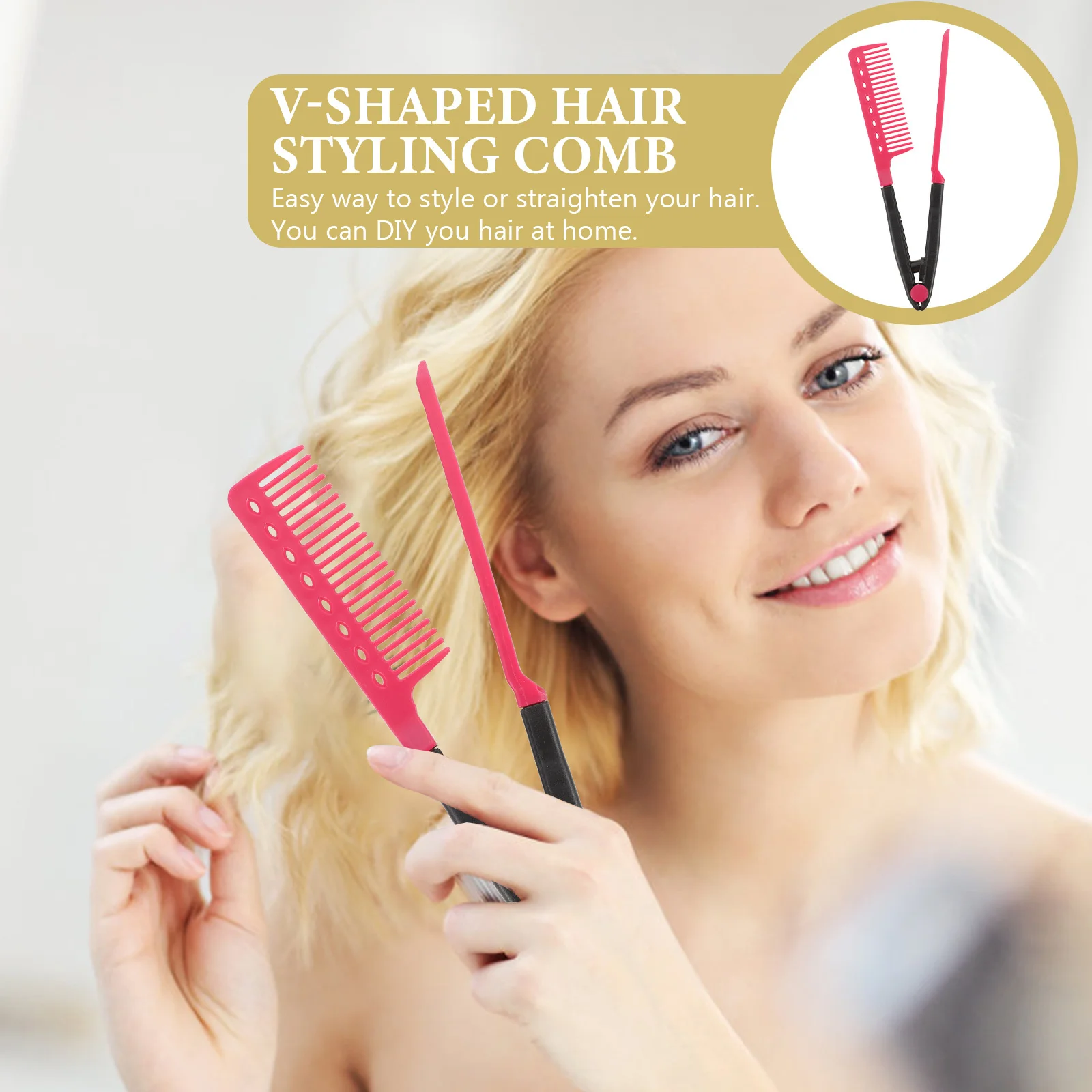 

Novelty Clip-on Style V-Shaped Hair Styling Comb Black Rosy Easy Use DIY Salon Hairdressing Comb Hair Straightener Curl