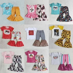 Wholesale Toddler Western Outfit Short Sleeves Shirt Baby Girl Bell Bottom Pants Children Kids Fall Spring Set