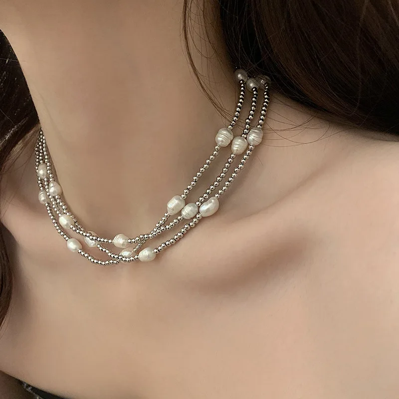 Dainashi Potato Shape Freshwater Pearl Necklaces for Women 40cm 6cm Extend Chain 3 Layer Stainless Steel Bead Necklaces