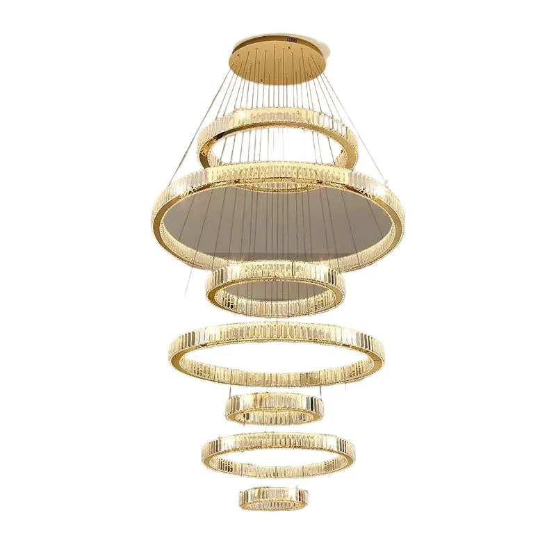 

Empty chandelier living room villa building middle floor empty lobby staircase crystal chandelier