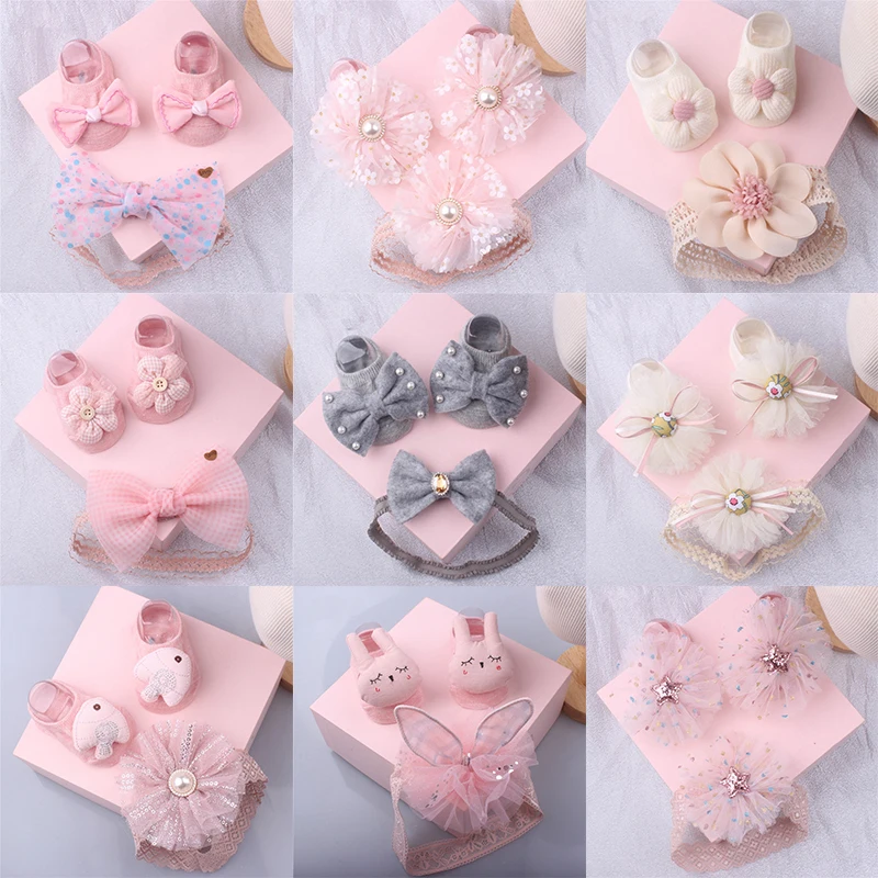 1 Set Xmas Gift Cute Flowers Baby Girls Headband Socks Cartoon Animal Bow Newborn Girls Hair Band Kids Headwear Hair Accessories