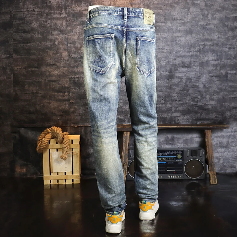 Newly Designer Fashion Men Jeans High Quality Retro Washed Blue Stretch Skinny Fit Ripped Jeans Men Vintage Trousers Denim Pants