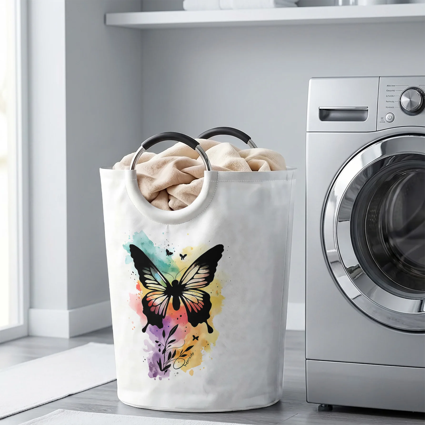 Watercolor Rainbow Splash Butterfly Print Handheld Storage Basket, For Laundry, Bedroom & Home Sundries Storage