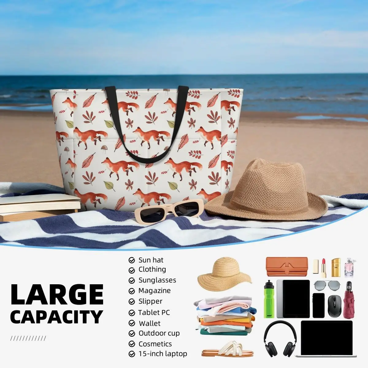 Bolso de mano de playa con diseño de acuarela de zorro de otoño, bolso de mano grande para deporte, gimnasio, Yoga, bolso de viaje para mujer, bolso de Fitness