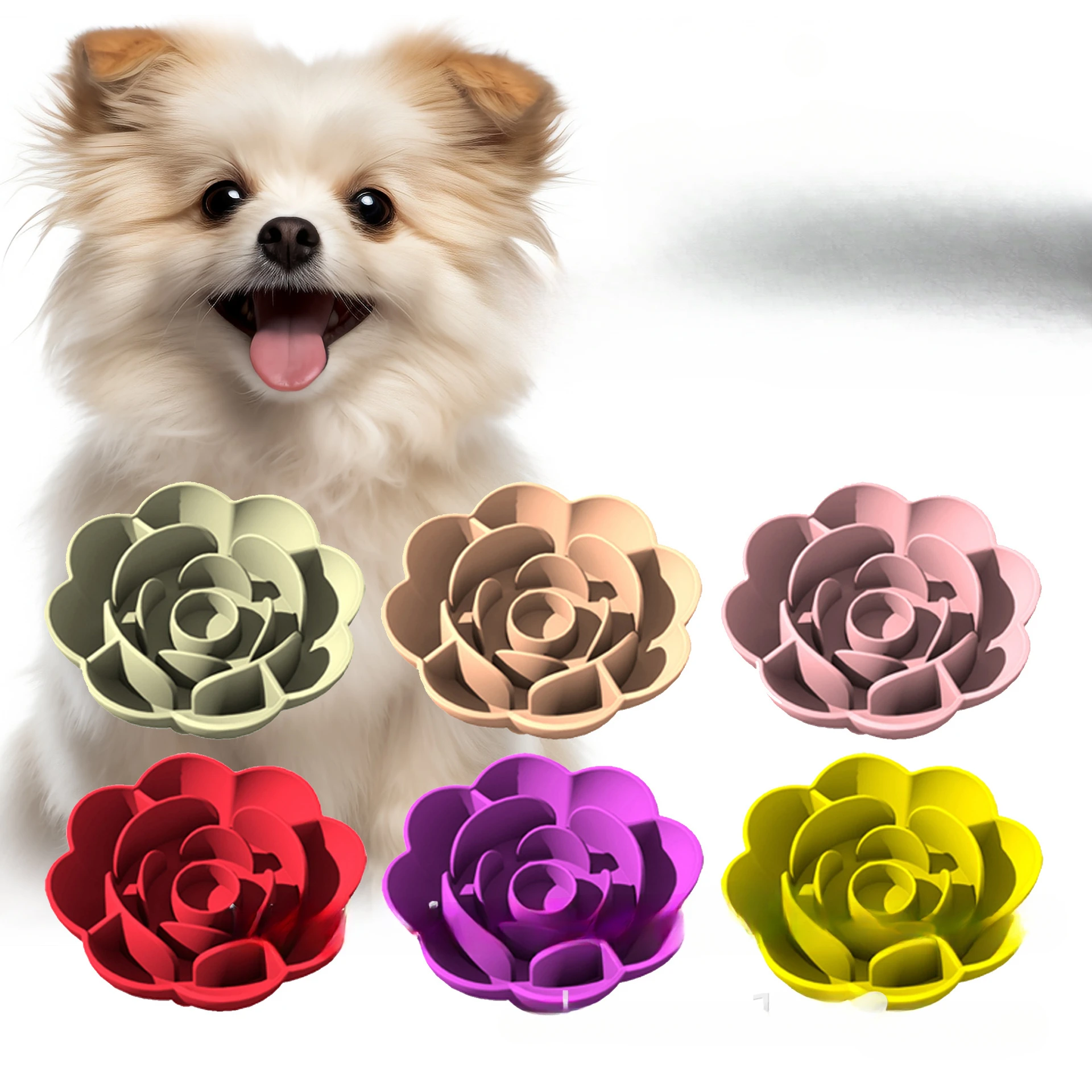 Pet Supplies Silicone Slow Food Bowl Rose Shape Dog Cat Anti-Choking and Anti-Knocking with Suction Cup