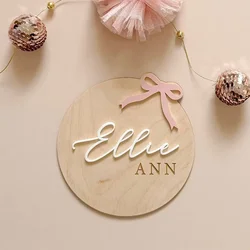 Personalized Pink Bow Baby Birth Announcement Sign Monthly Mark Girls Wooden Milestone Card Acrylic Name Newborn Photography