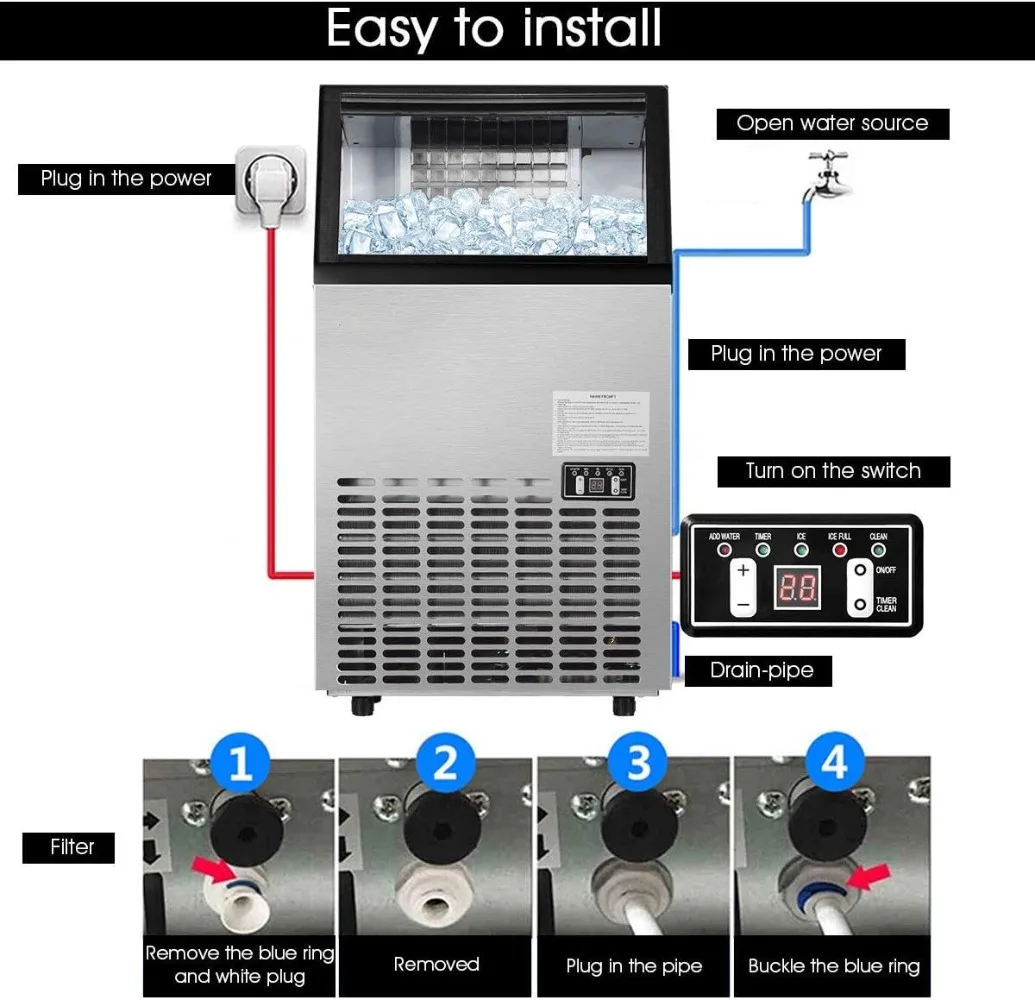 Commercial Ice Maker Machine 110LBS/24H Built-in Stainless Steel Ice Maker w/33LBS Storage Capacity Free-Standing Ice Machine