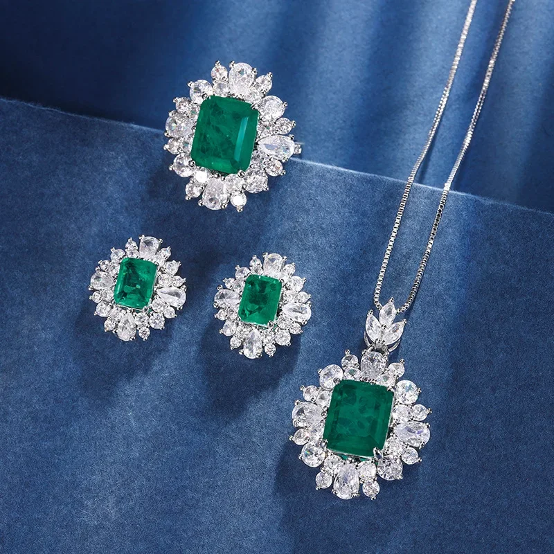 

Green Crystal Flower Pendant Necklace Adjustable Ring Earrings Set Women Jewelry Wedding Anniversary Cocktail Party Accessories