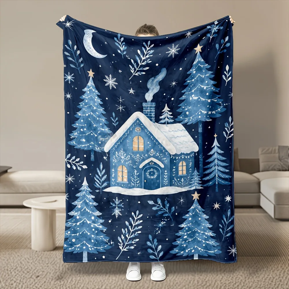 Cozy Christmas Snow House Pine Tree Print Blanket Cozy Sofa Couch Manta Soft Bed Decorative Blanket For Bedroom Living Room