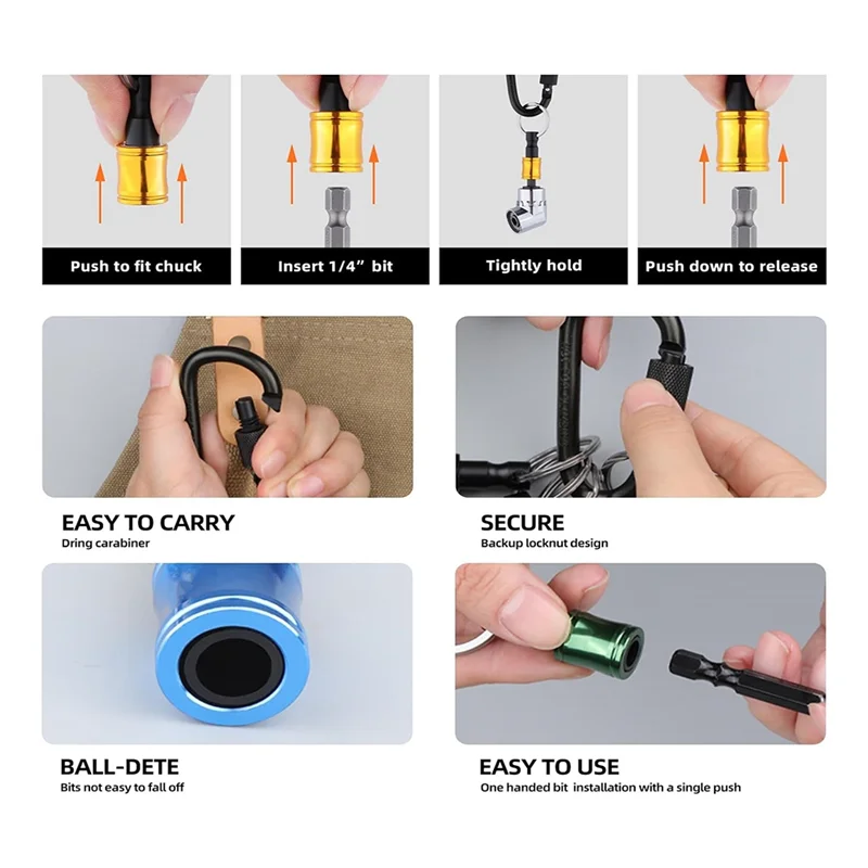 

MAKE-6 PCS Portable Bit Holder Keychain With 105° Multifunction Right Angle Drill Metal 1/4Inch Screwdriver Bits Retainer Carabi