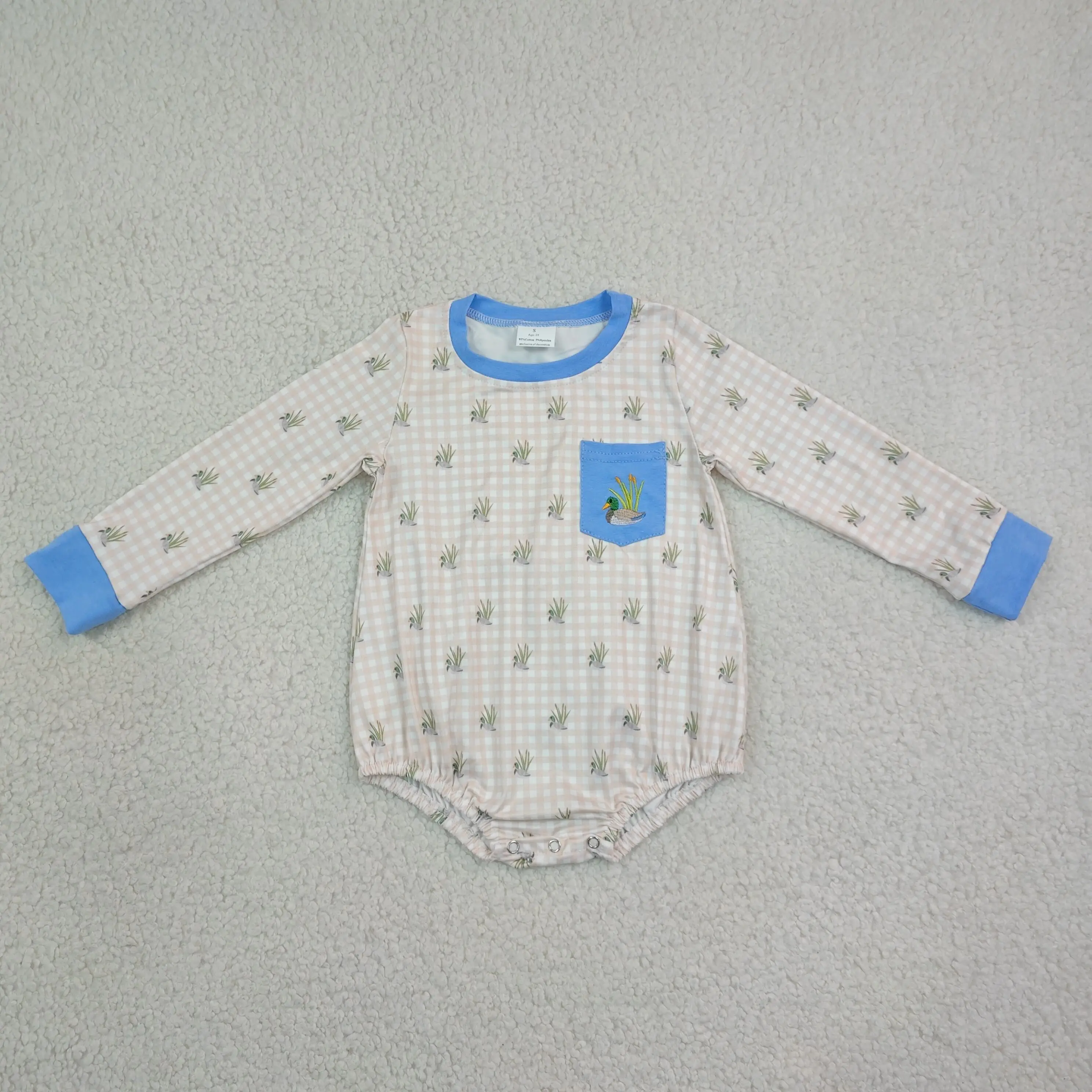 Wholesale Baby Boy Children Ducks Plaid Embroidery Pocket Toddler Bubble Romper Kids Infant Newborn Coverall Bodysuit Clothes