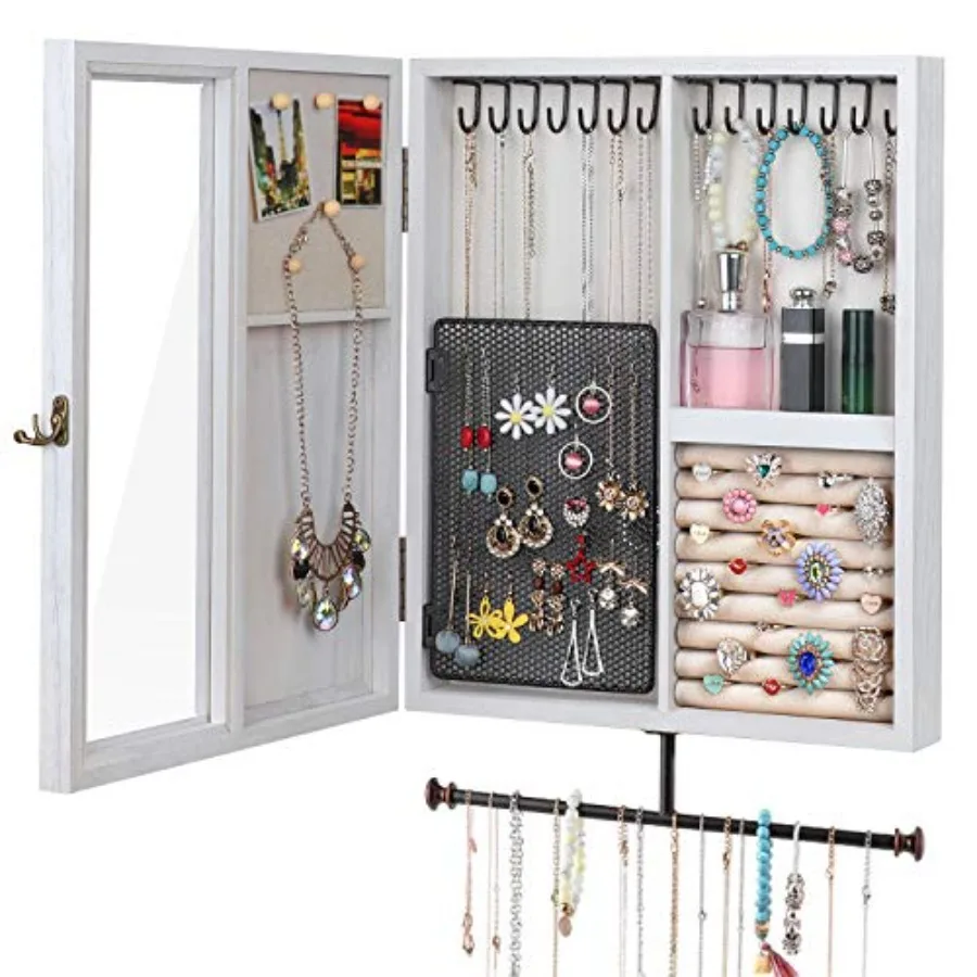 Wall Mounted Jewelry Organizer With Rustic Wood Large Space Jewelry Cabinet Holder Storage Box for Necklaces Earrings Bracelets