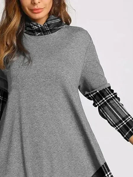 

Asymmetrical Casual Elegant Women's Dress New Fashion Long Sleeve Plaid Stitching Autumn 2024 Button Irregular