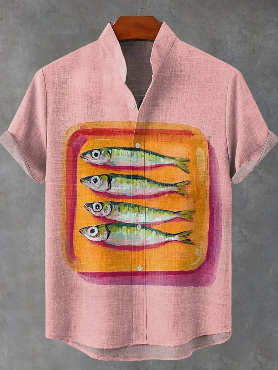 

New Vintage Printed Fish Men Casual Octopus Printed New Comfortable Short Sleeve Shirt Button Printed Shirt