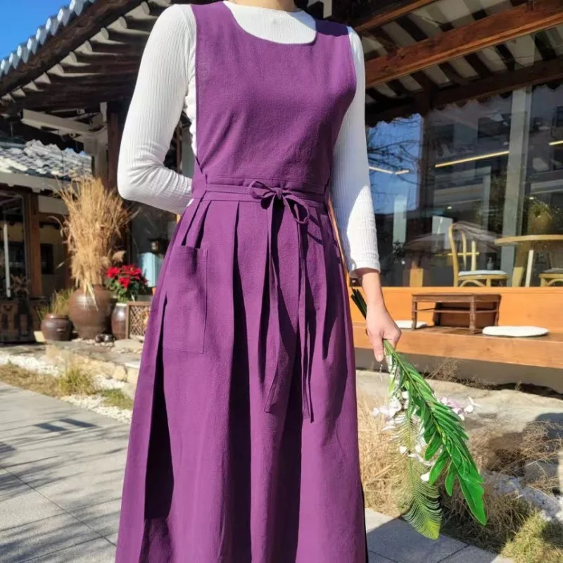 1pcs Plus Size Korean Floral Apron Dress - A-Line Sleeveless Split Hem for Baking Nail Art Milk Tea Shop Women's Workwear