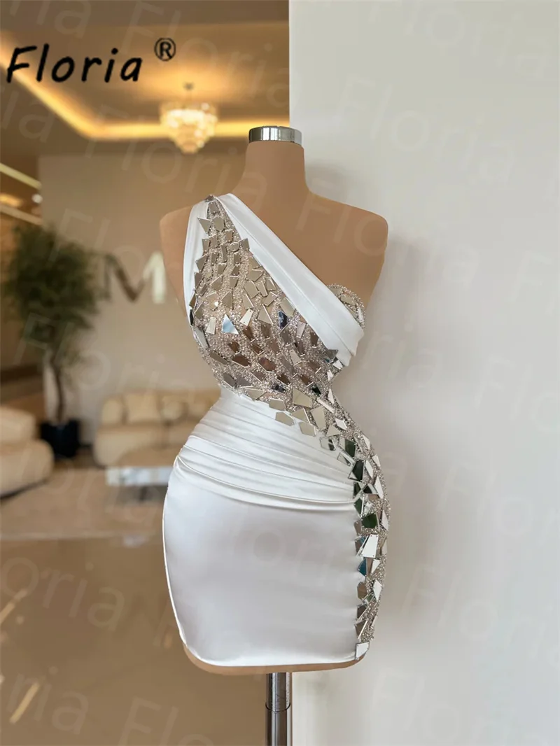 

Newest One Shoulder Arabic Cocktail Dress Satin Crystals Beadings Sparkly Short Prom Dresses Mini Graduation Homecoming Dress