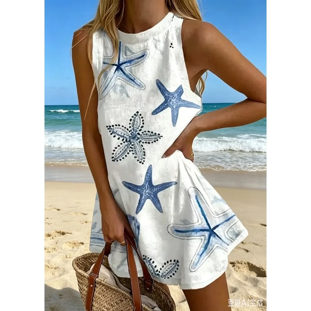 Women's Sleeveless Coastal Starfish Seashell Print Mini Swing Dress Loose Contrast Trim A-line Sundress Summer Beach Cover Wear