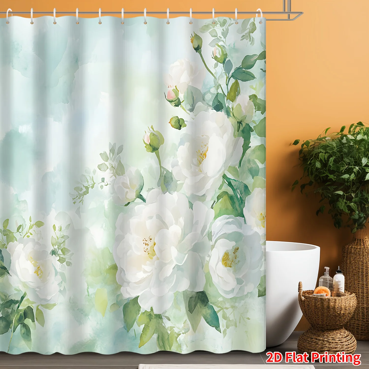 

White Rose Watercolor Shower Curtain Green Leaves Art Bathroom Decor Elegant Floral Bath Curtains for Modern Home Interior