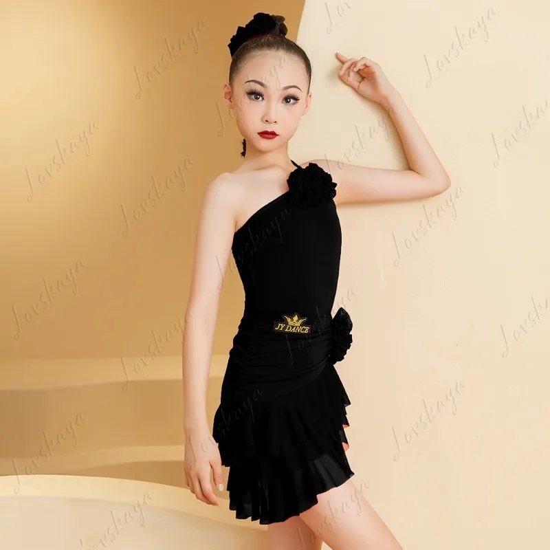 Traje de dança latina para meninas conjunto de vestido de bolo de verão com top com decote em V. Roupa de treinamento de dança sofisticada para meninas.