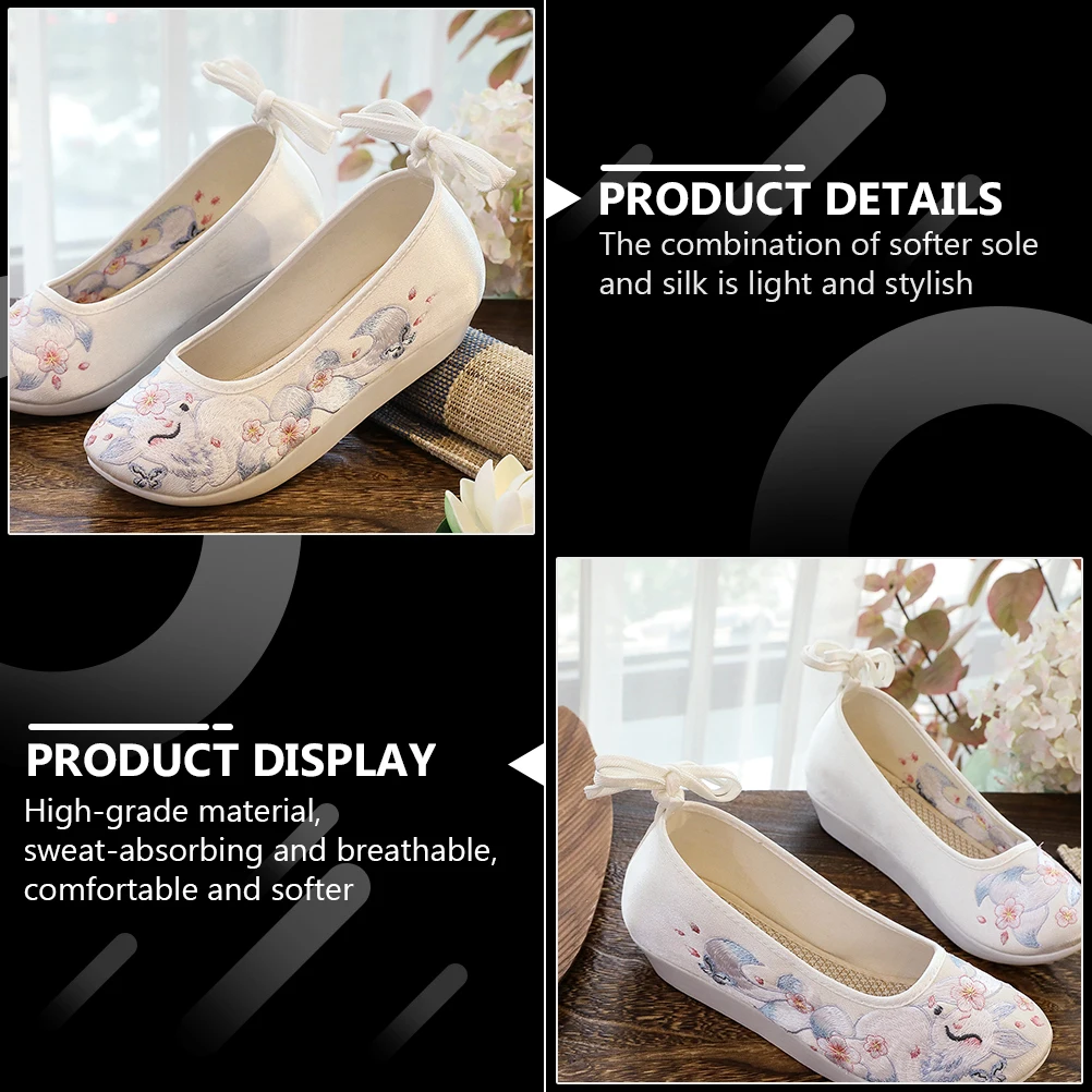 

1 пара женских этнических наклонных каблуков с вышивкой на толстой подошве в стиле ханьфу, противоскользящая обувь из шелковой ткани для девочек, костюм для танцев