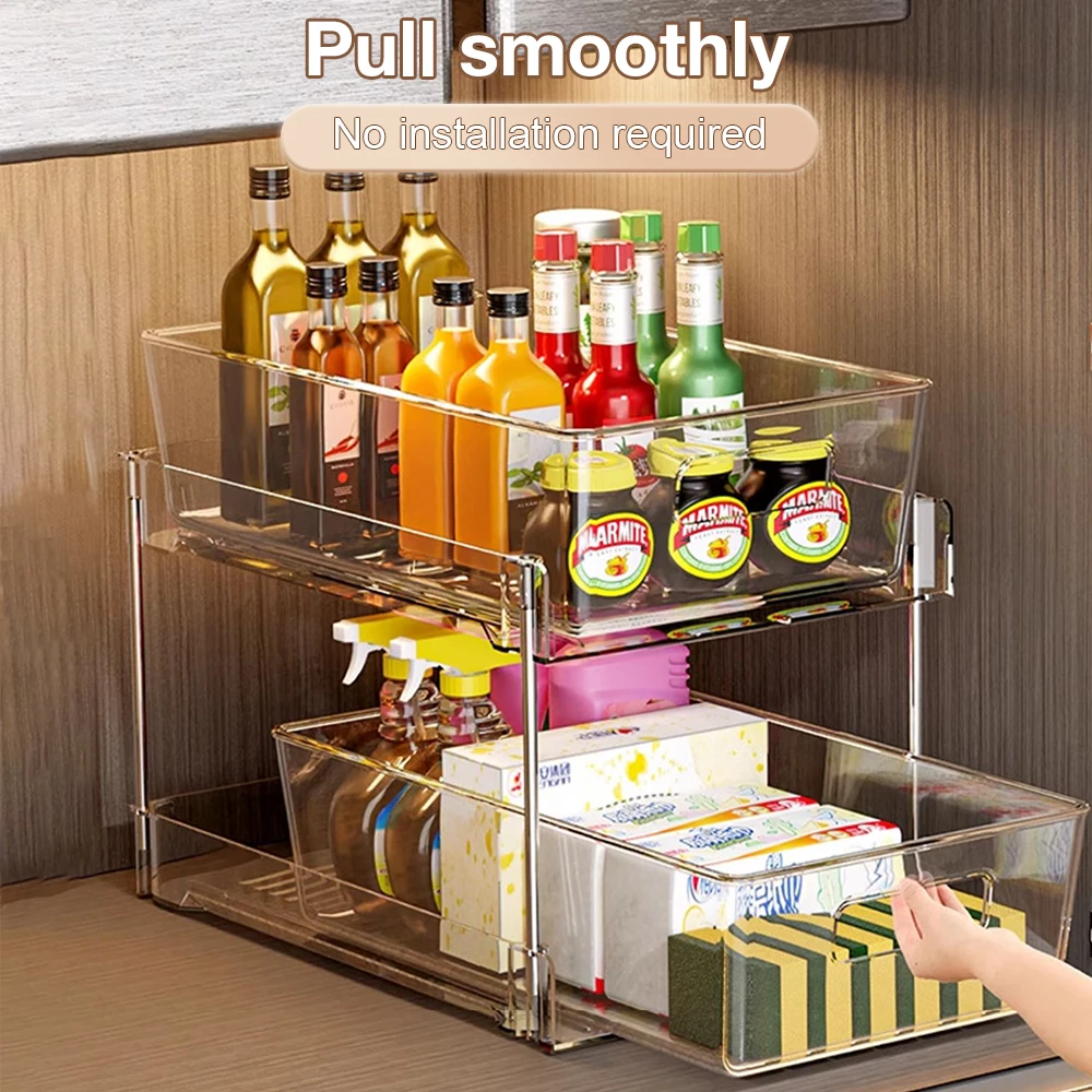 2 Tier Kitchen Storage Rack Sliding Shelf Pull Out Organizer Saving Space Spice Rack Cabinet Under Sink Bathroom Kitchen Shelf