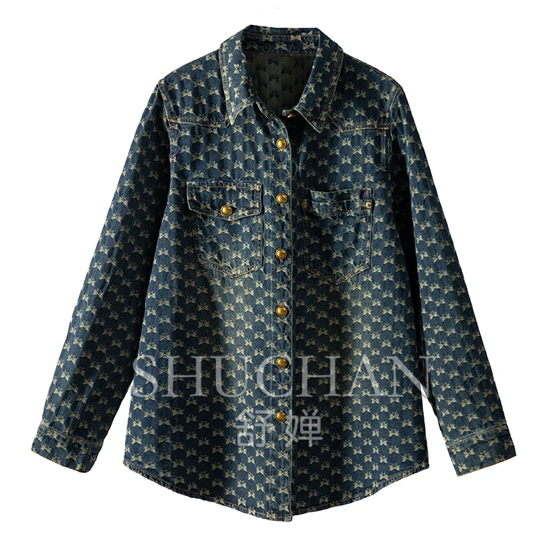 Fashion French Jacquard Denim Shirt Jacket Women Blusas Femininas Com Frete Gratis COTTON  POLYESTER