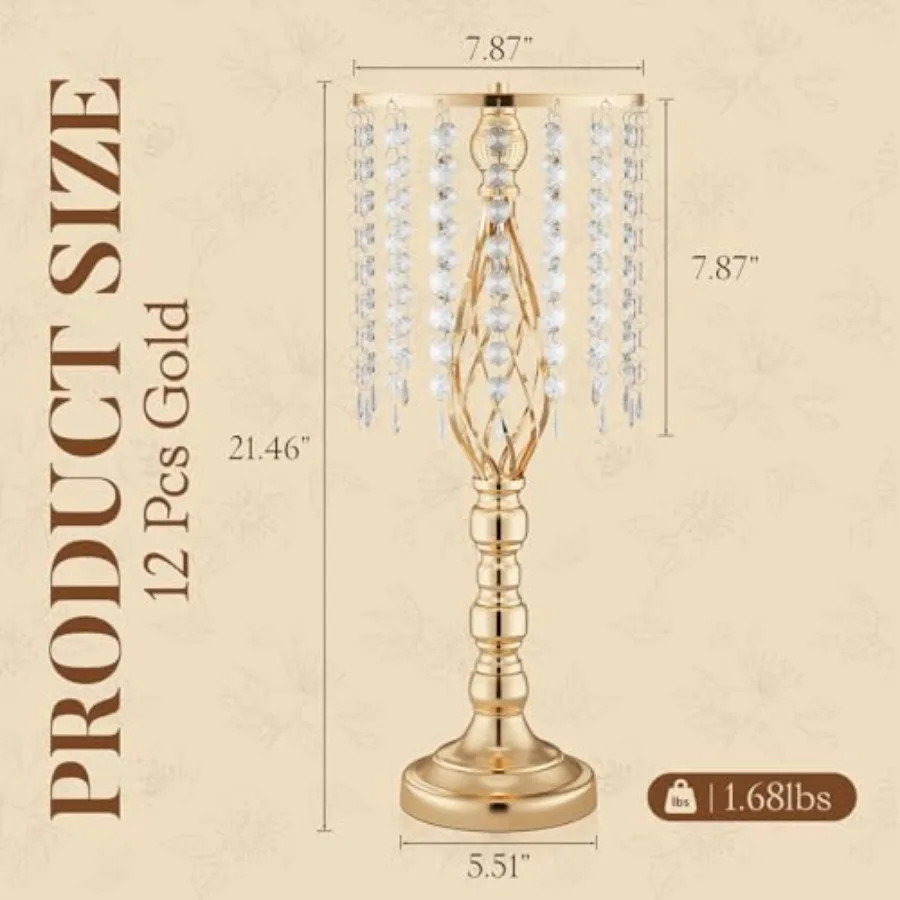 12 Pcs 21.7 Inch Tall Gold Metal Flower Vases for Wedding Reception Centerpieces with Crystal Fringe Elegant Gold Finish for Ta