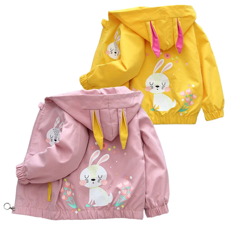 Children\'s Spring Cartoon Jacket Girls Cute Rabbit Ears Pattern Casual Coat Autumn Fashion Hooded Short Outerwear 9M-6Y