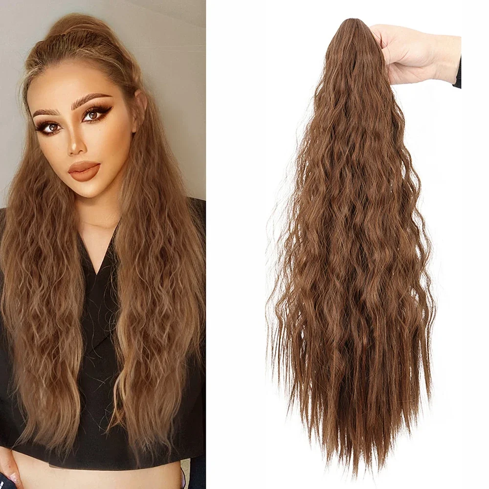 Ponytail Extension Long Lightweight Full Natural Curly Brown Fake Pony Multi Layered Clip in Hair Synthetic Hairpiece for Women