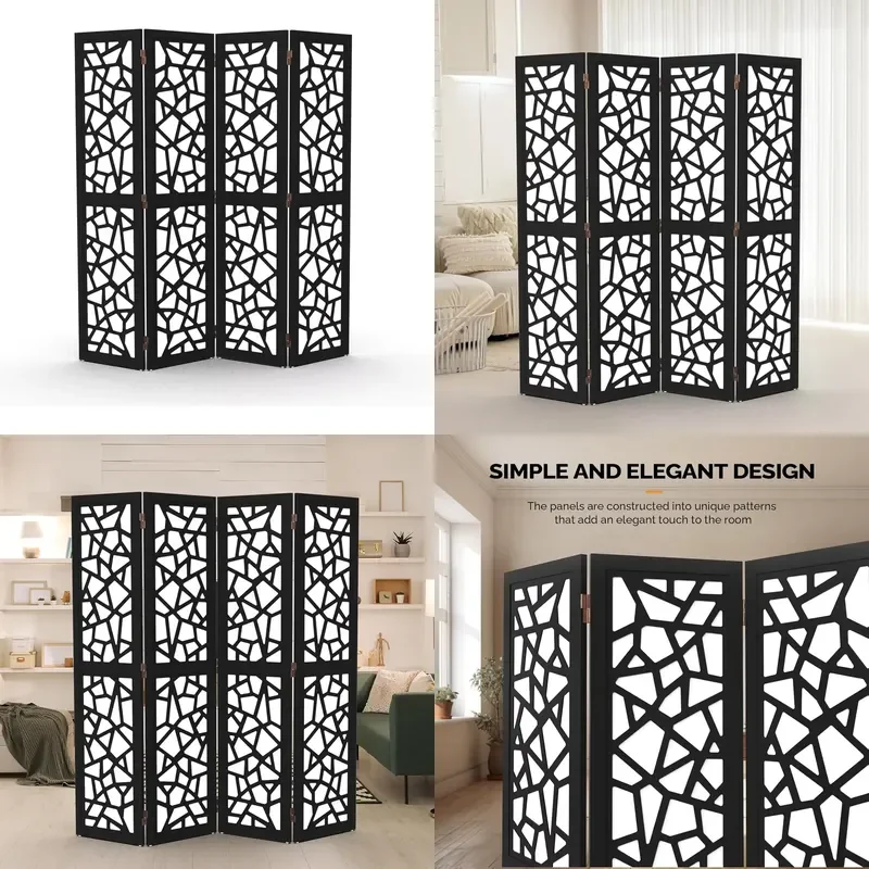 Elegant Modern Wooden Room Divider with 4 Foldable Panels Art Theme Removable Indoor Partition for Living Room and Bedroom