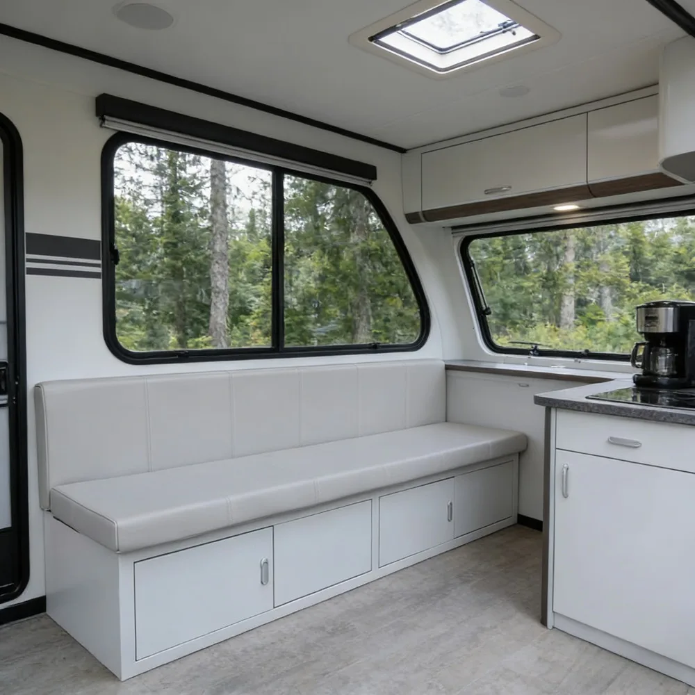 Custom Upholstered Banquette Seating Built-In Storage Flip Cushion Steel Frame for Special Vehicles Vans Commercial