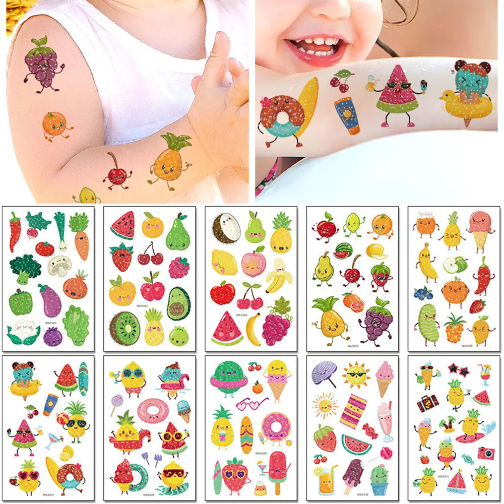 10 pcs Glitter Fruit Vegetable Fake Tattoos For Kids Waterproof Butterfly Flower Temporary Tattoo Stars Tattoos For Women