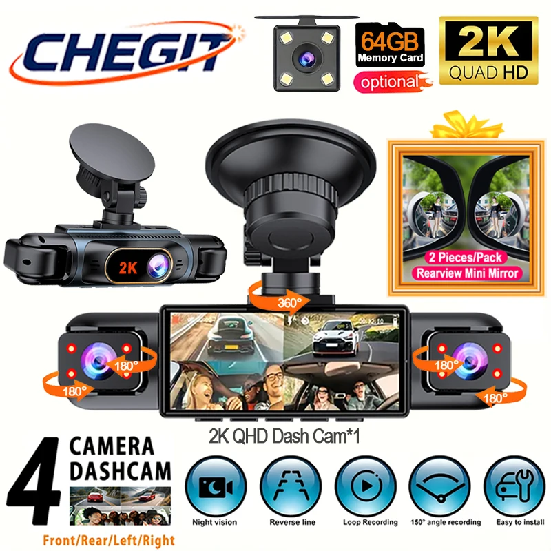CHEGIT 車載 DVR 1440P ダッシュカム 車用 3/4チャンネル ビデオレコーダー 車両用リアビューカメラ ナイトビジョン 車用アクセサリー