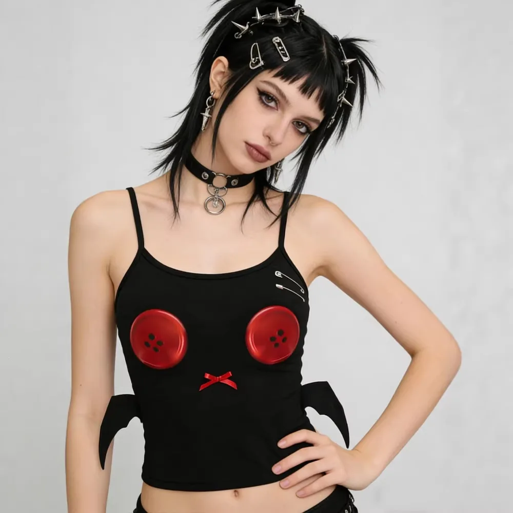 Neues Punk-Ästhetik-Cropped-Camisole-Top im Y2K-Subkultur-Stil, Teufels-Schwarz-Rot-Farbblock, Schleifenflügel, Knopfverschluss, tailliert, Streetwear für heiße Mädchen. – Detail 3