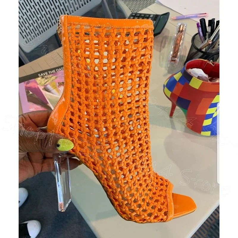 

Orange Hollow Design Crystal Heel Sandals Boots Back Zipper Women Shoes Chunky High Heels Party Runway 2025 Zapatos Para Mujere