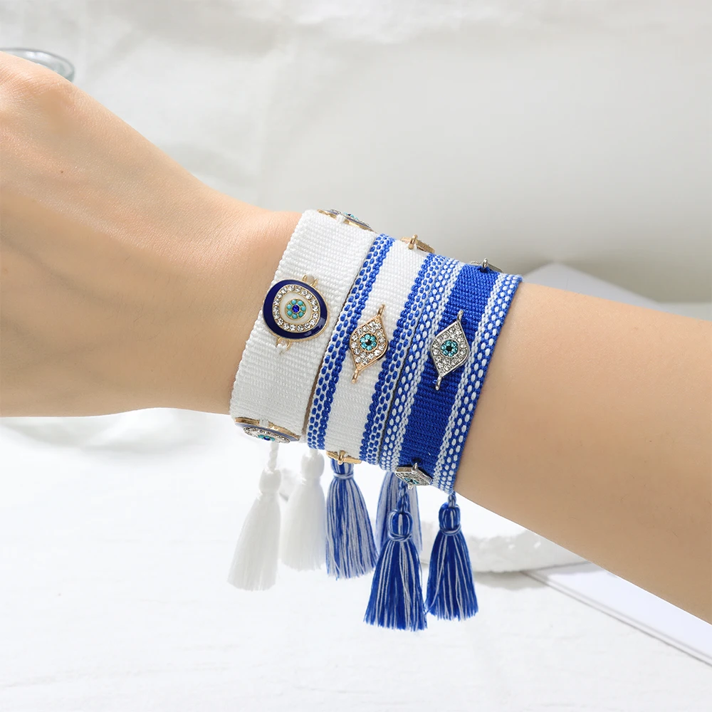 Fashion Woven Bracelets Stackable Evil Eyes Embroidered Tassel Bracelets Everyday Style