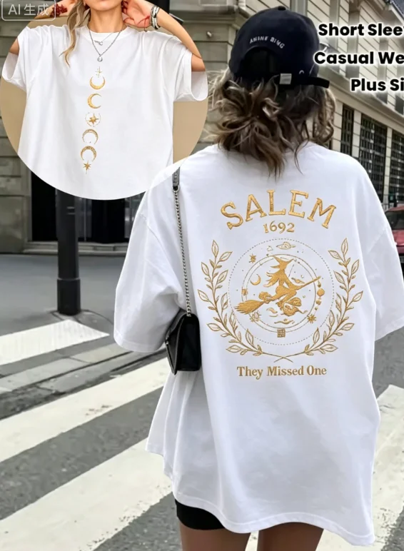 2026 new Round-neck They missed a witch Patterned oversized cotton T-shirt with moon phases before and after the full moon.