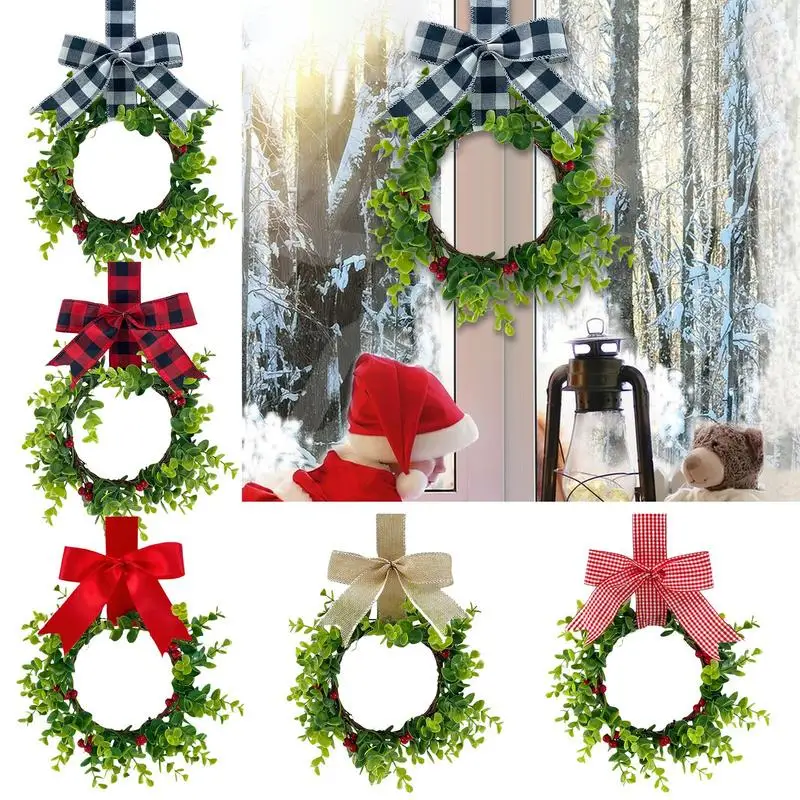 Christmas Door Wreath Plaid Bow Holiday Wreath 11.81 Inches Farmhouse Rustic Spring Door Hanger For Entrance Stair Window Front