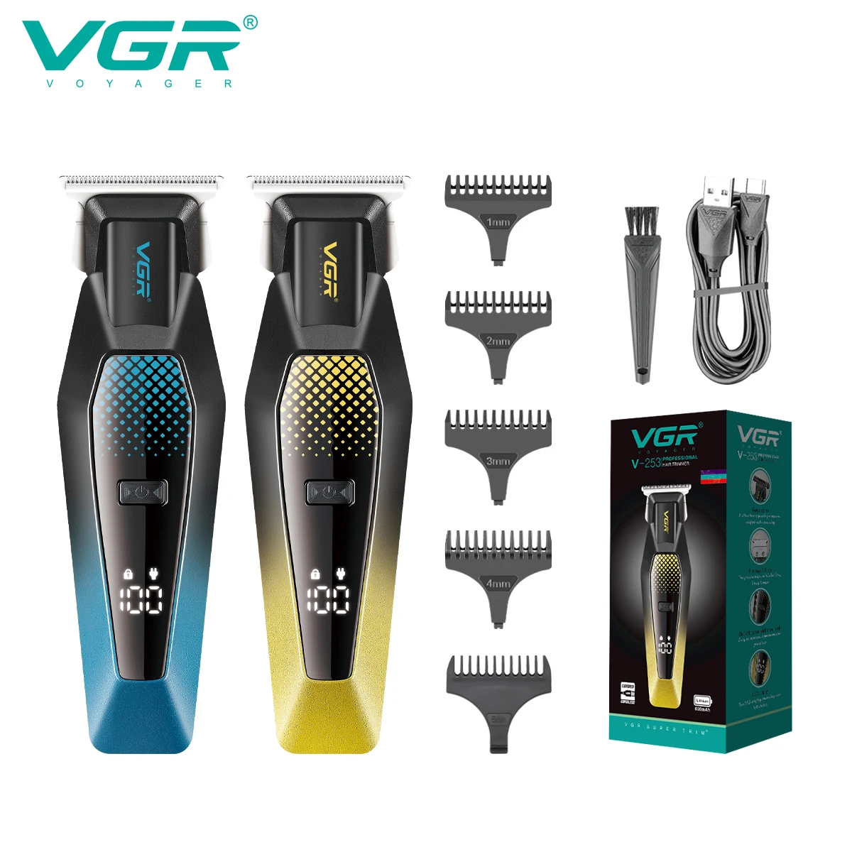 

VGR V-253 Smart Digital Display Gradient Color Body T-Blade Oil Head Engraving Hair Clipper Professional Hair Trimming Machine