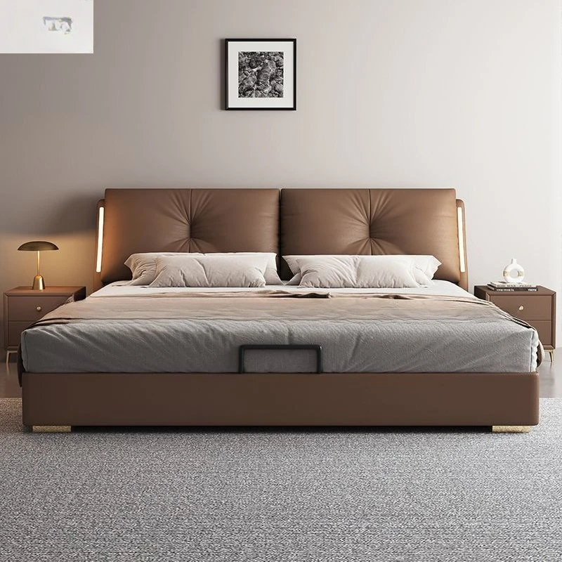 

Modern simple double bed small apartment household storage soft bag leather art bed Italian minimalist master bedroom wedding be