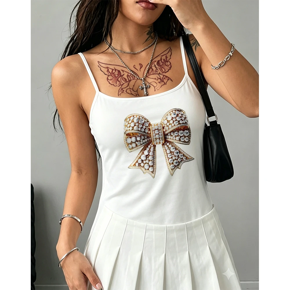 Sweet Girl Cami Women Gold Jewel Bow Graphic Tank Top Sleeveless Vest Summer Trendy Fashion Fancy Daily Wear Coquette Aesthetic
