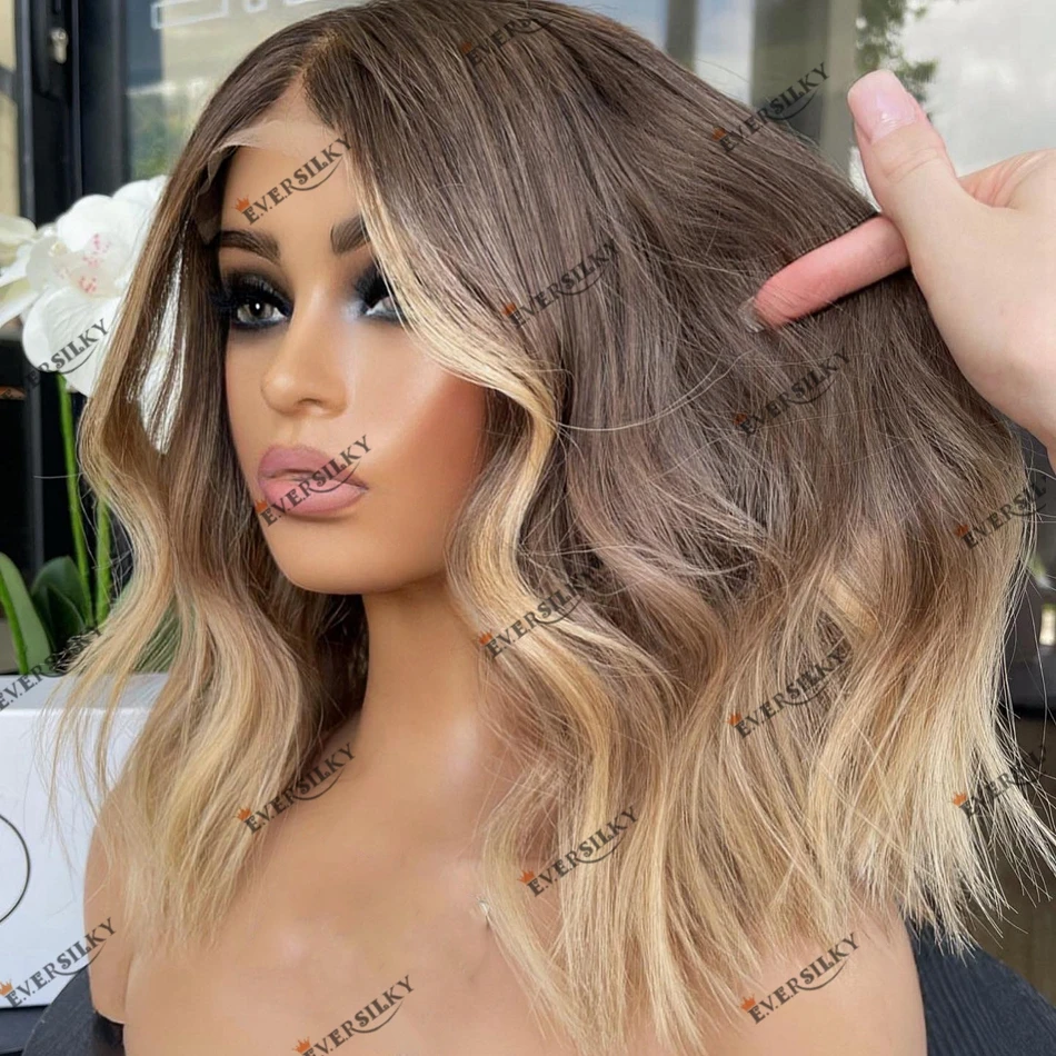 Short Bob Face Framing Brown Blonde Human Hair Lace Front Wig for Women 180% Density Transparent Lace Ombre 13x4 Lace Front Wig