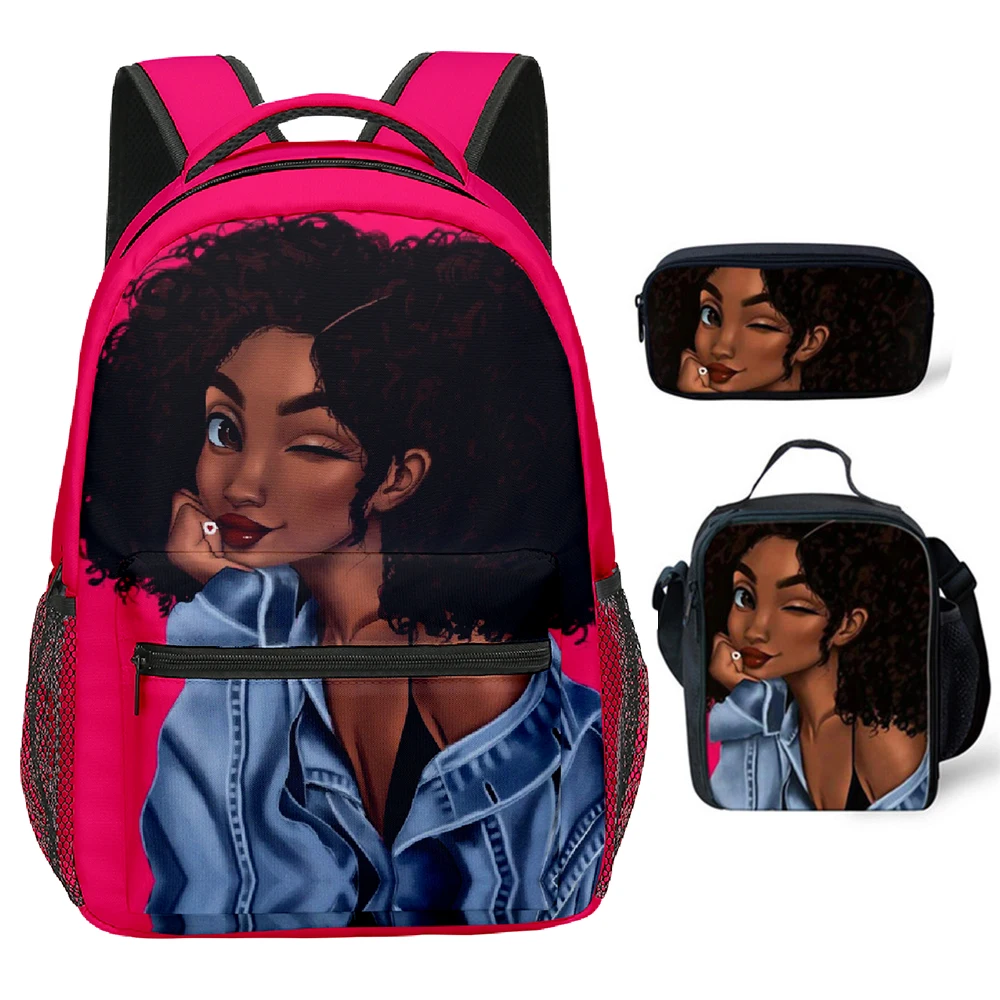 

Classic Popular African girls 3D Printed 3pcs/Set student School Bags Travel Notebook Backpack Crossbody Lunch bag Pencil Case