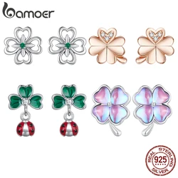 Bamoer 925 Sterling Silver Four Leaf Clover Stud Earrings Luck Spring for Women Girl Wedding Fine Jewelry Gifts