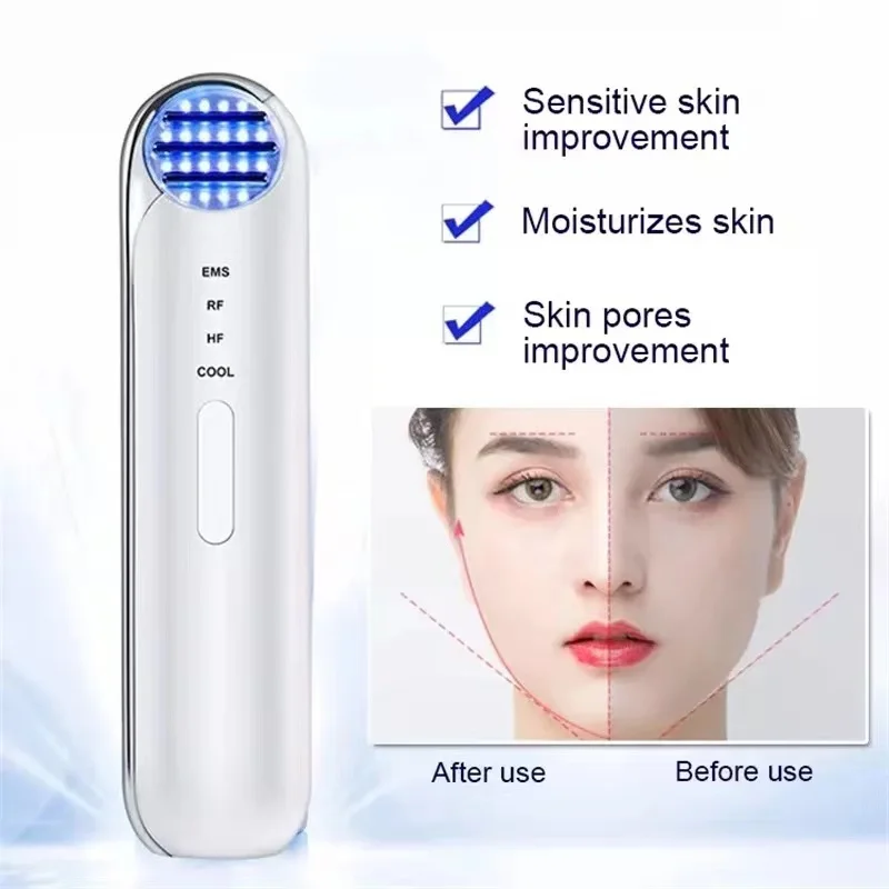 LED EMS Micro-Current Skin Tightening RF Radio Frequency Cold Compress Face Lift Massager Red Blue Purple Light Photon Therapy