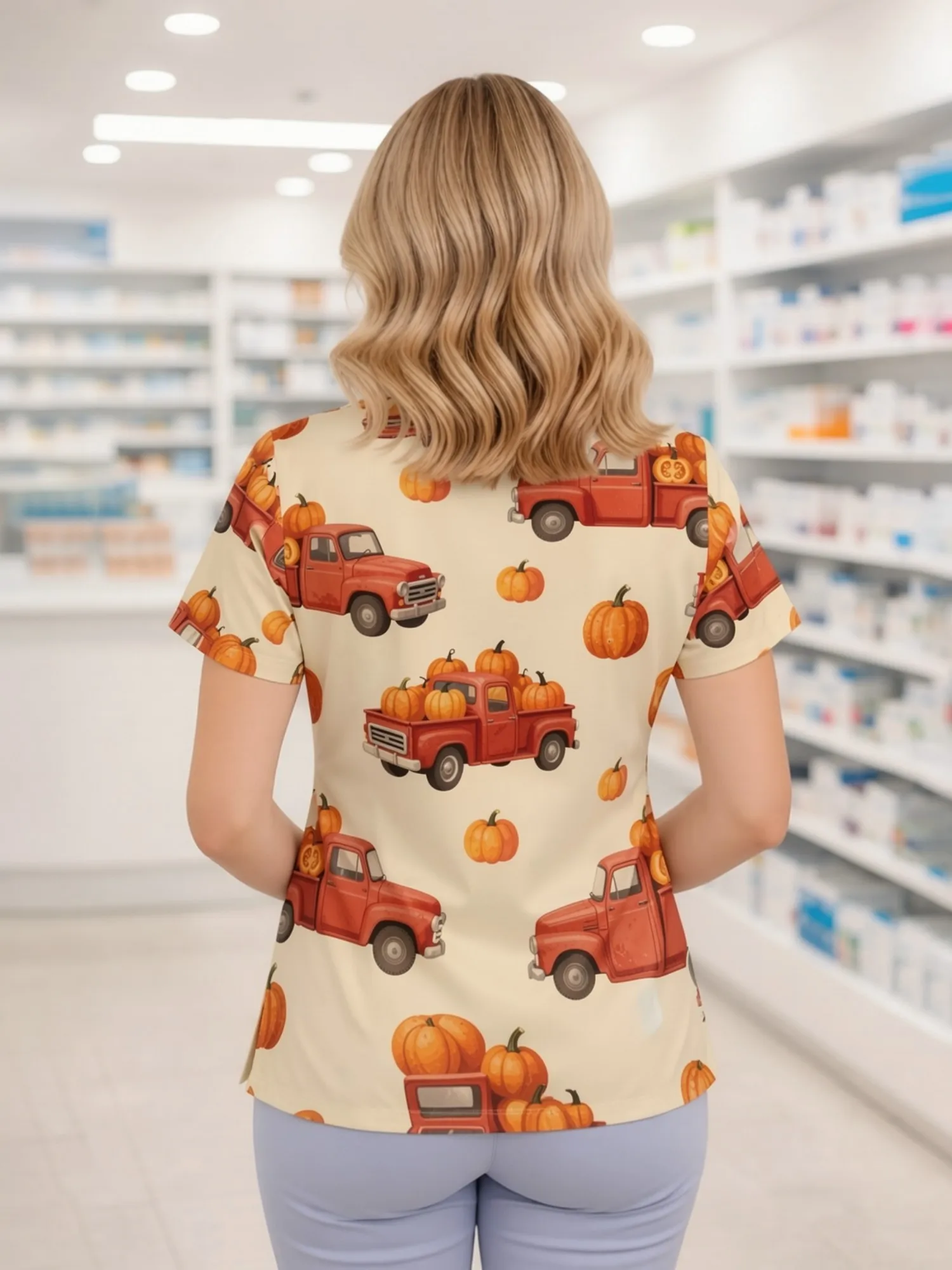 Womens Flexible Nursing Scrub Top Short Sleeve V Neck Roomy Pockets Soft Print Shift Fit Work Uniform For Hospital Work Workwear